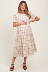 Ivory Plaid Tiered Short Sleeve Maternity Dress