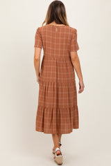 Rust Plaid Tiered Short Sleeve Dress