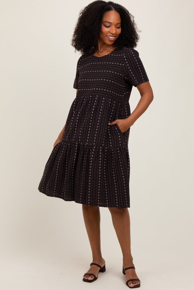 Black Floral Striped Tiered Short Sleeve Dress