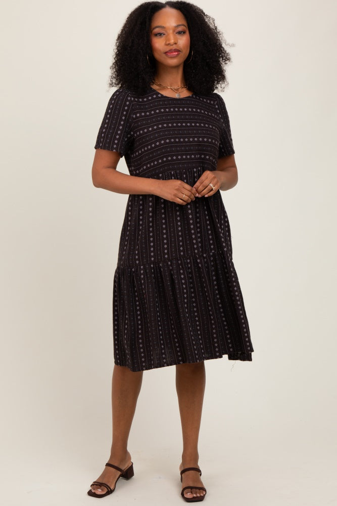 Black Floral Striped Tiered Short Sleeve Maternity Dress