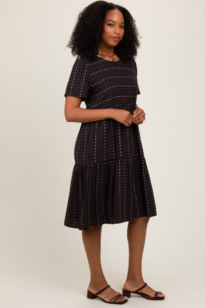 Black Floral Striped Tiered Short Sleeve Dress