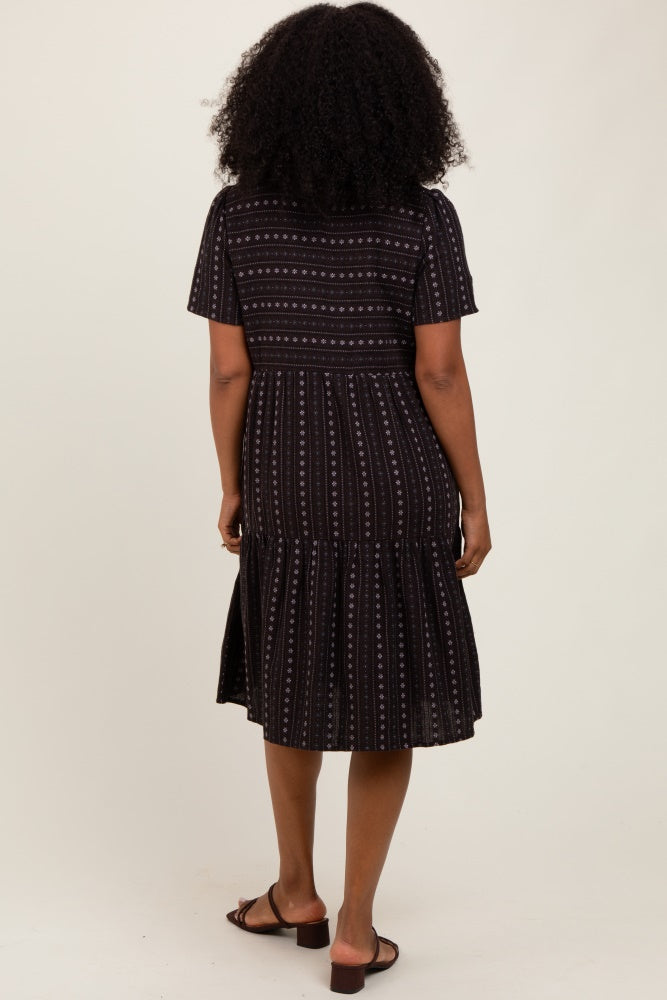 Black Floral Striped Tiered Short Sleeve Dress