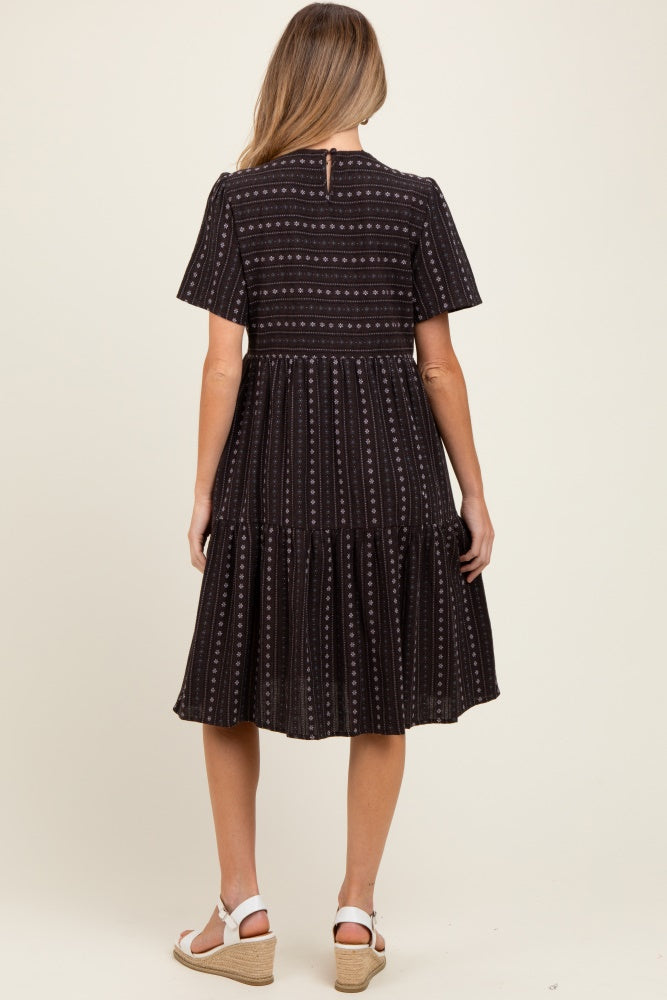 Black Floral Striped Tiered Short Sleeve Maternity Dress
