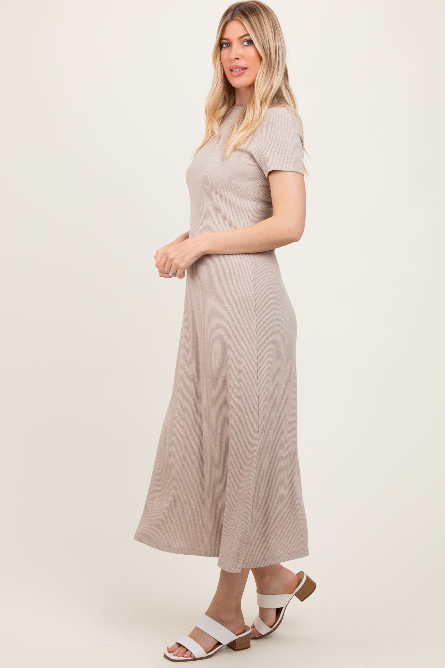 Beige Ribbed Short Sleeve Midi Dress