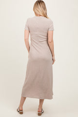 Beige Ribbed Short Sleeve Midi Dress