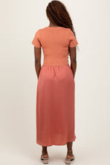 Rust Knit Contrast Top Satin Short Sleeve Midi Dress