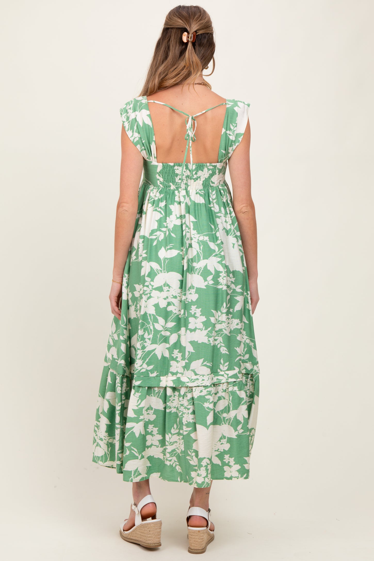 Mint Green Floral Square Neck Maternity Midi Dress
