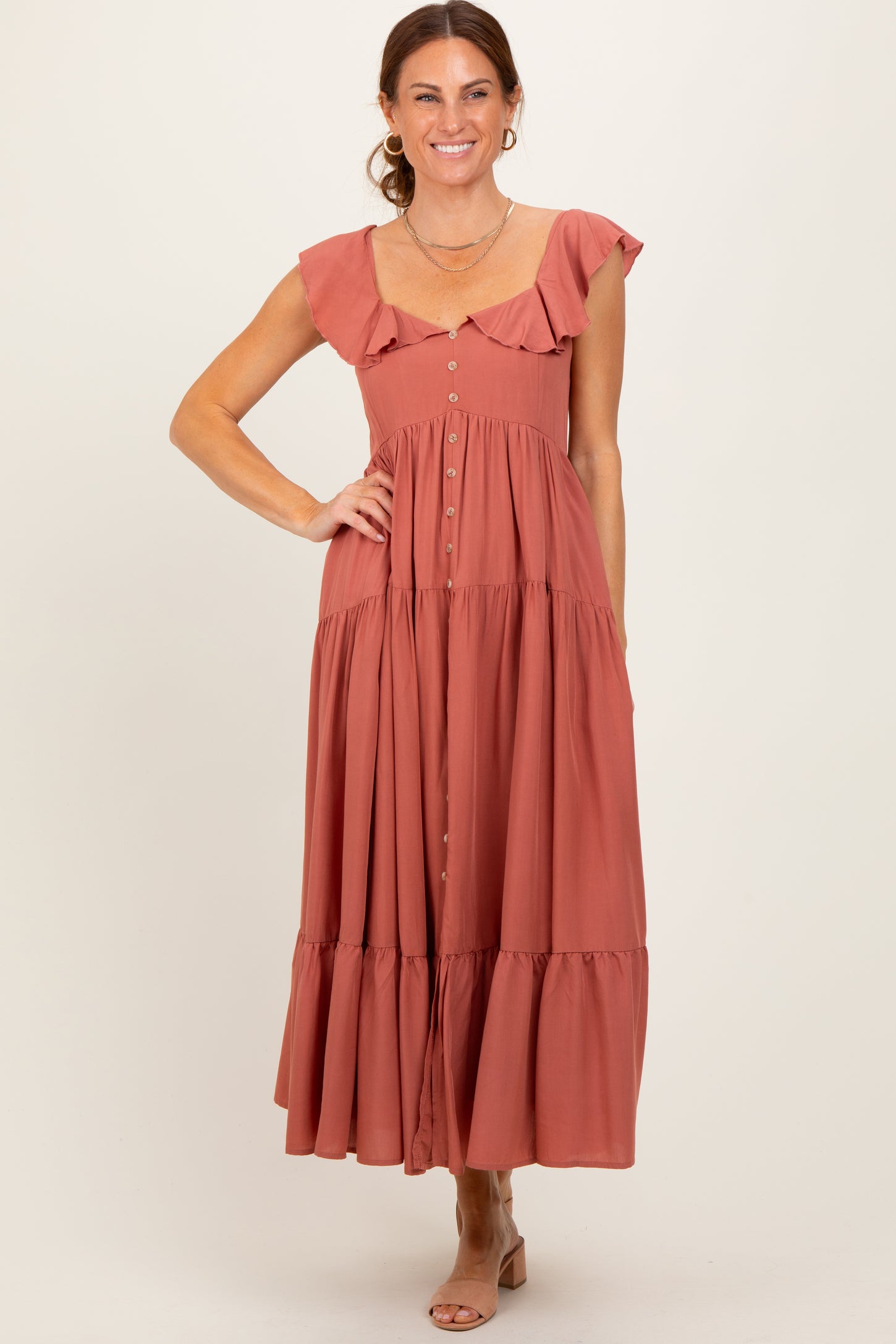 Rust Button Front Ruffle Square Neck Maternity Midi Dress