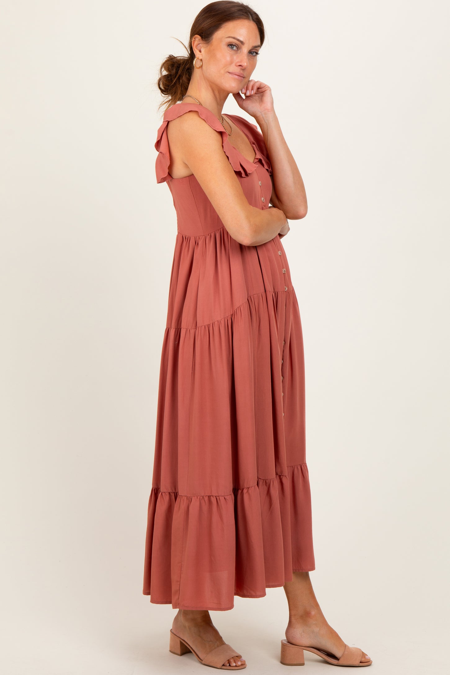 Rust Button Front Ruffle Square Neck Midi Dress