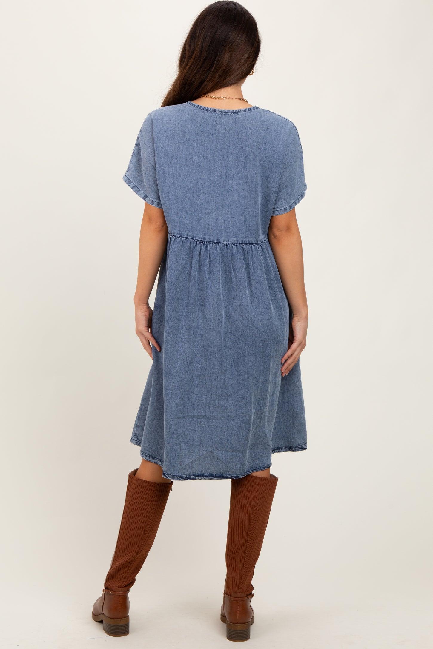 Blue Denim V-Neck Short Sleeve Dress