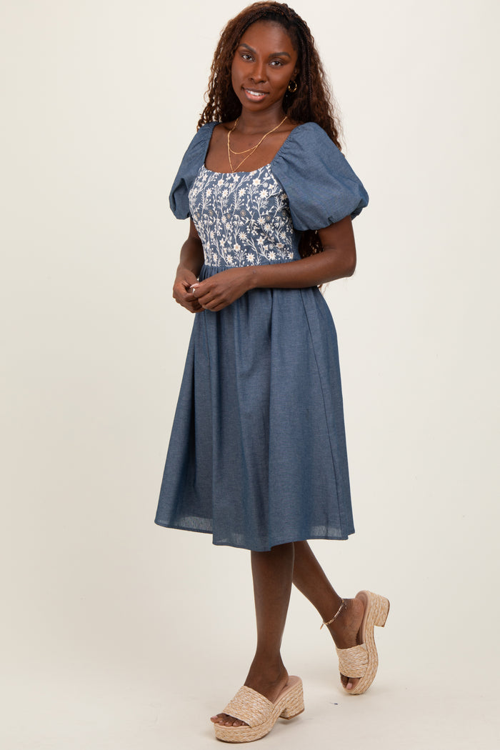 Blue Chambray Floral Embroidered Short Sleeve Midi Dress