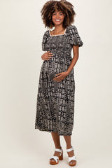 Black Patch Printed Smocked Maternity Midi Dress