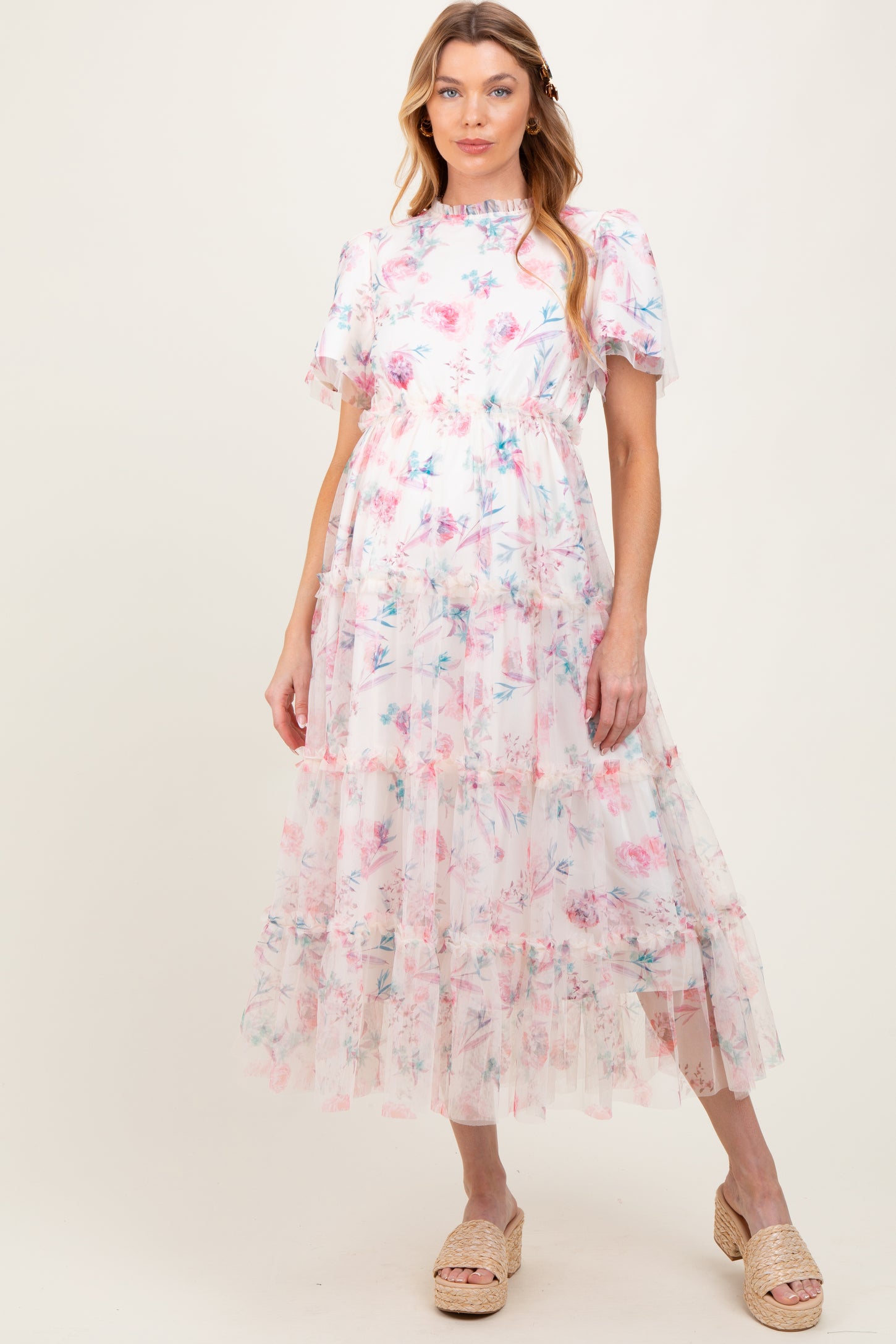 Ivory Floral Mesh Ruffle Tiered Maternity Midi Dress