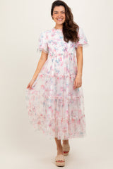 Ivory Floral Mesh Ruffle Tiered Maternity Midi Dress