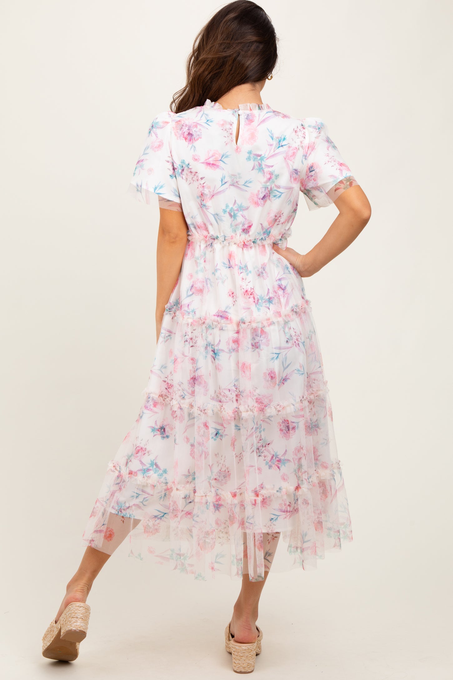 Ivory Floral Mesh Ruffle Tiered Midi Dress