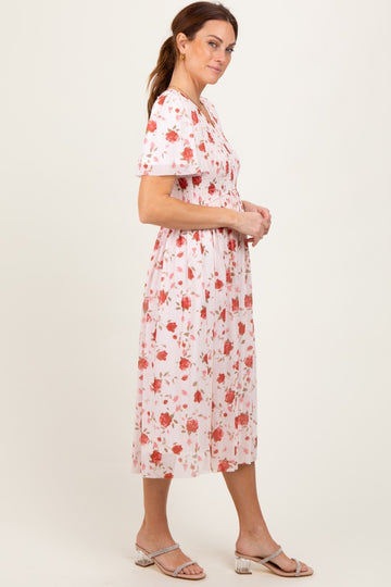 Light Pink Floral Smocked V-Neck Midi Dress