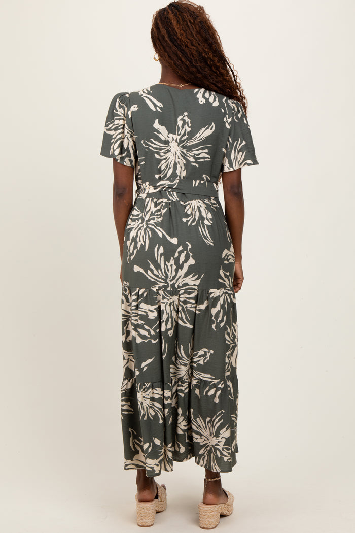 Olive Floral V-Neck Waist Tie Midi Dress
