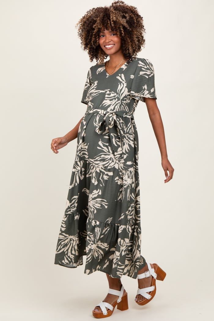 Olive Floral V-Neck Waist Tie Maternity Midi Dress