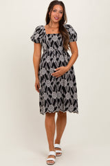 Black Floral Embroidered Square Neck Maternity Dress