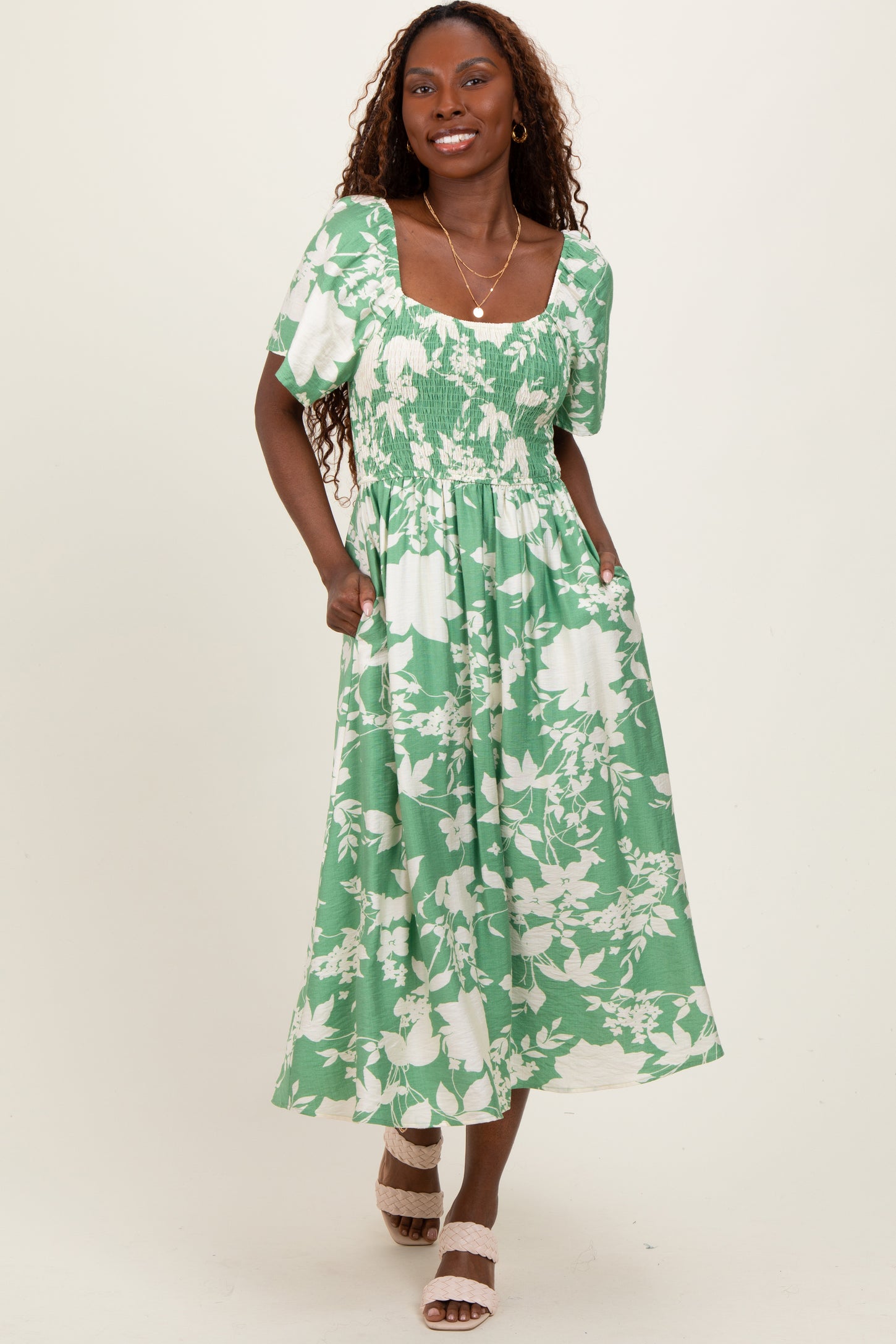 Green Floral Smocked Short Sleeve Midi Dress