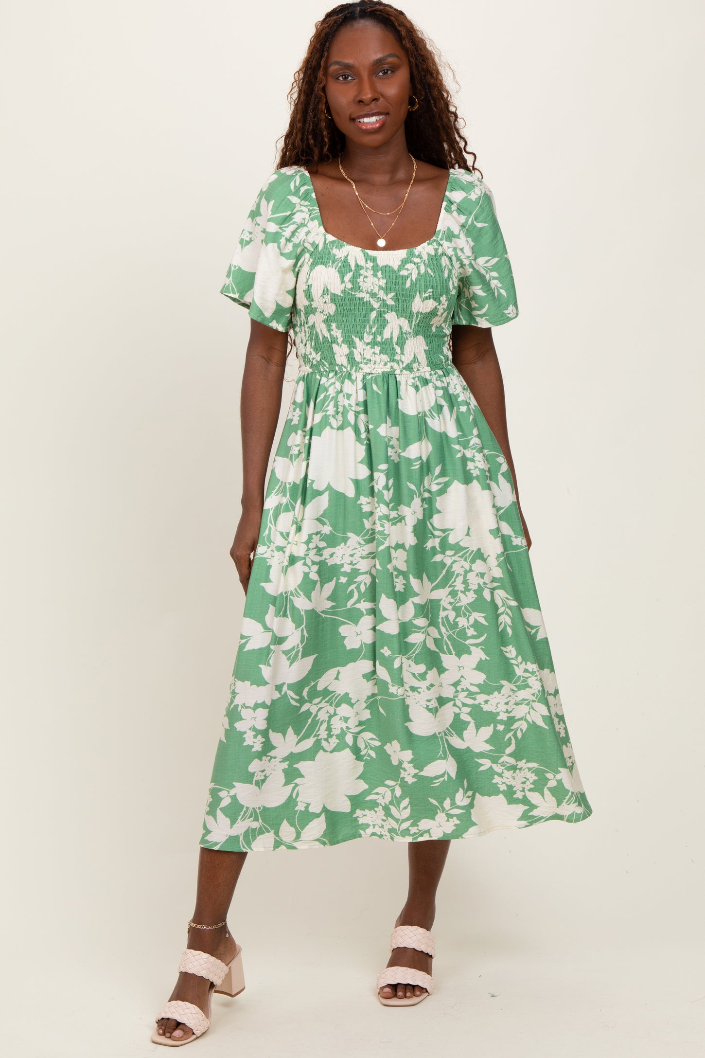 Green Floral Smocked Short Sleeve Midi Dress