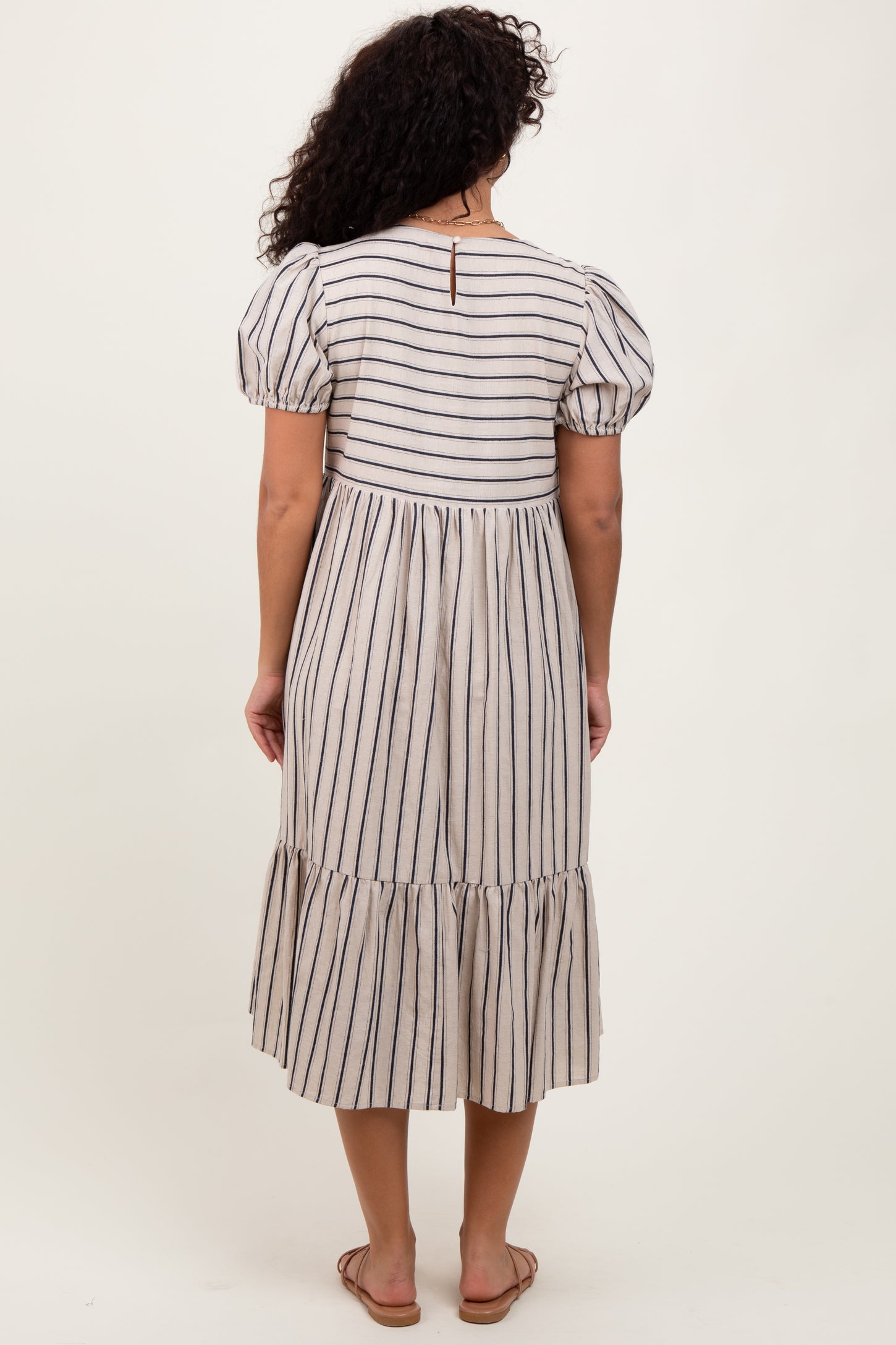 Beige Striped Short Sleeve Midi Dress