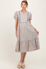 Beige Striped Short Sleeve Maternity Midi Dress