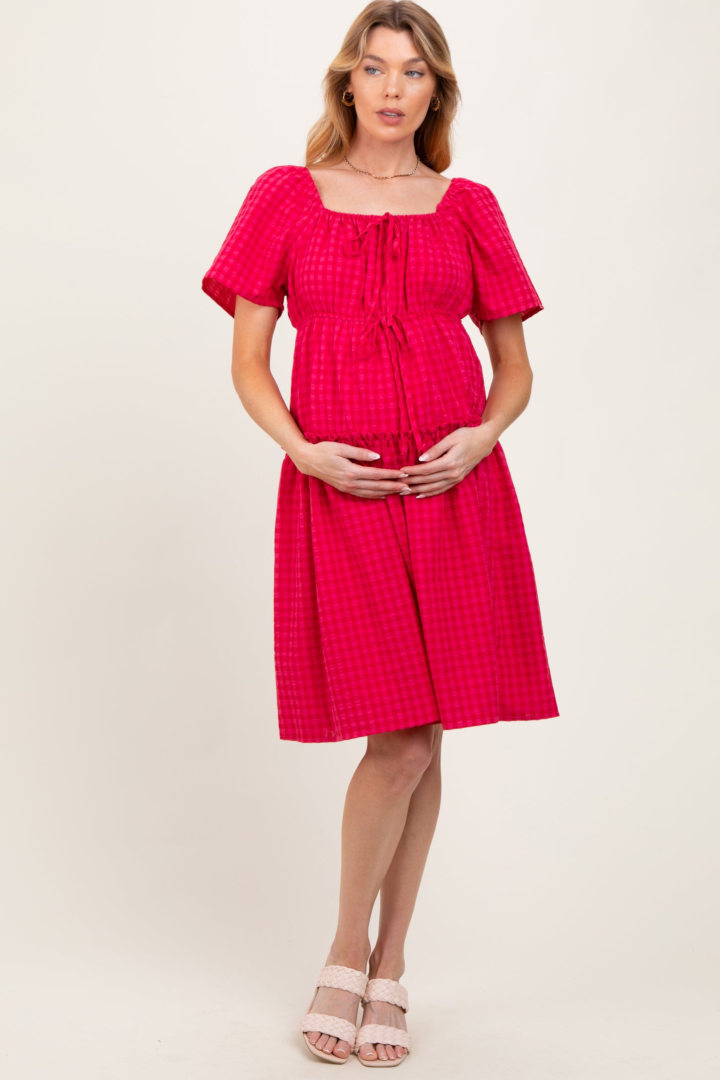 Fuchsia Gingham Short Sleeve Tiered Maternity Dress