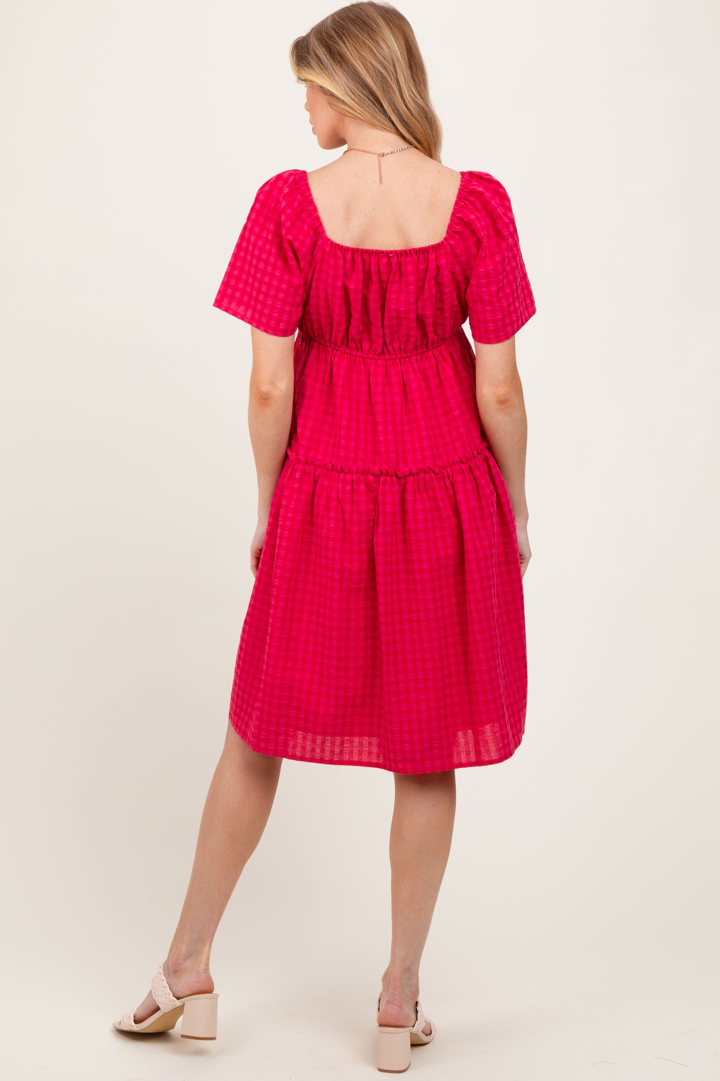 Fuchsia Gingham Short Sleeve Tiered Maternity Dress