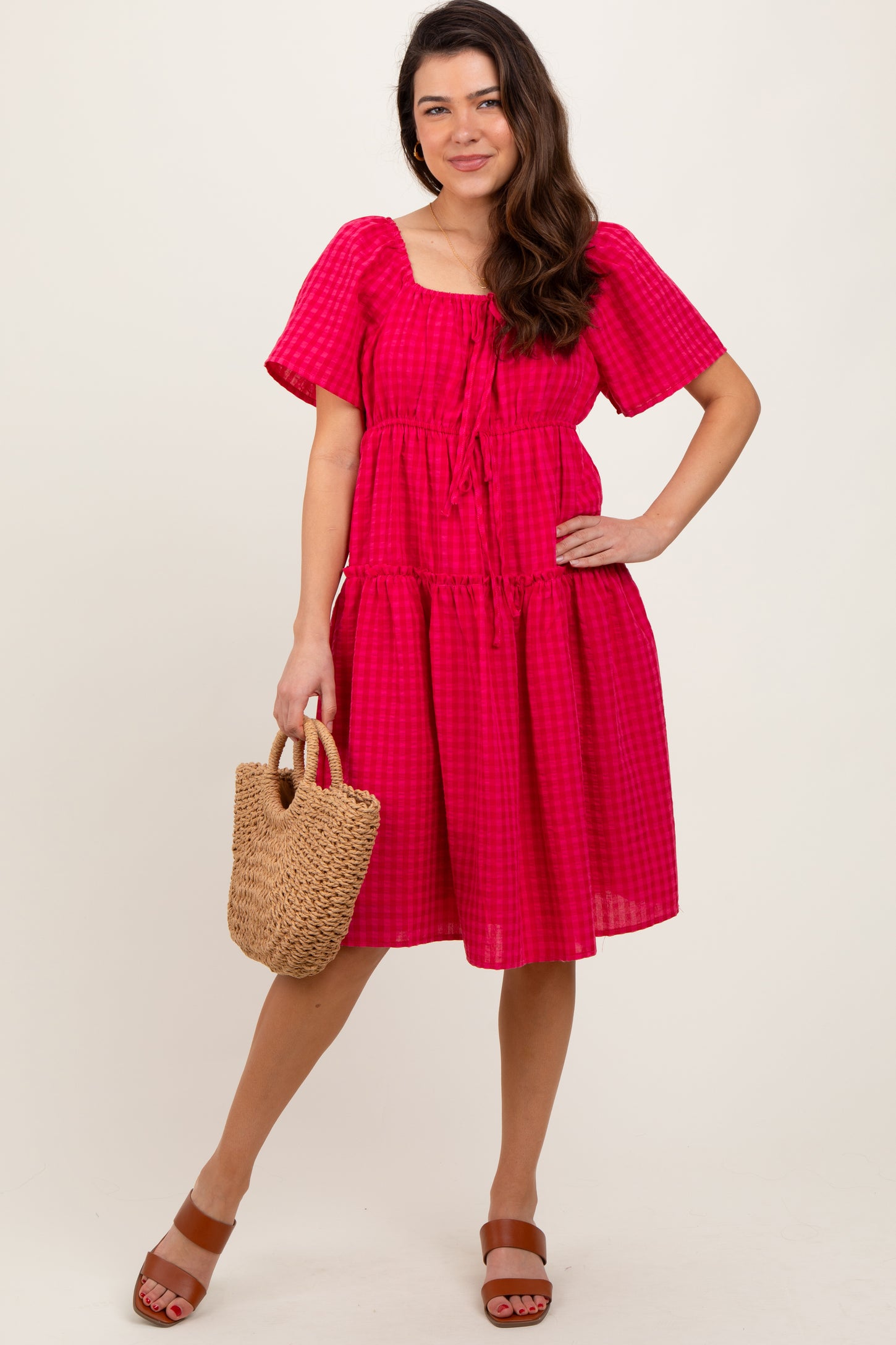 Fuchsia Gingham Short Sleeve Tiered Maternity Dress
