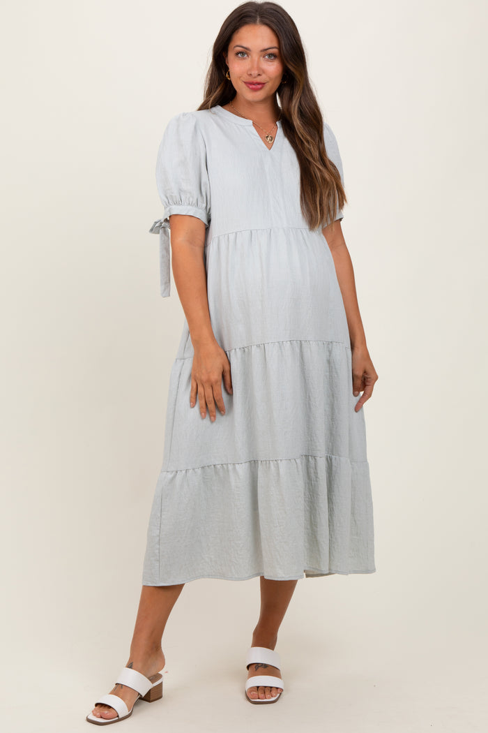 Light Blue Split V-Neck Sleeve Tie Tiered Maternity Midi Dress