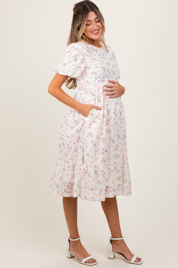 Ivory Floral Lace Ruffle Maternity Midi Dress
