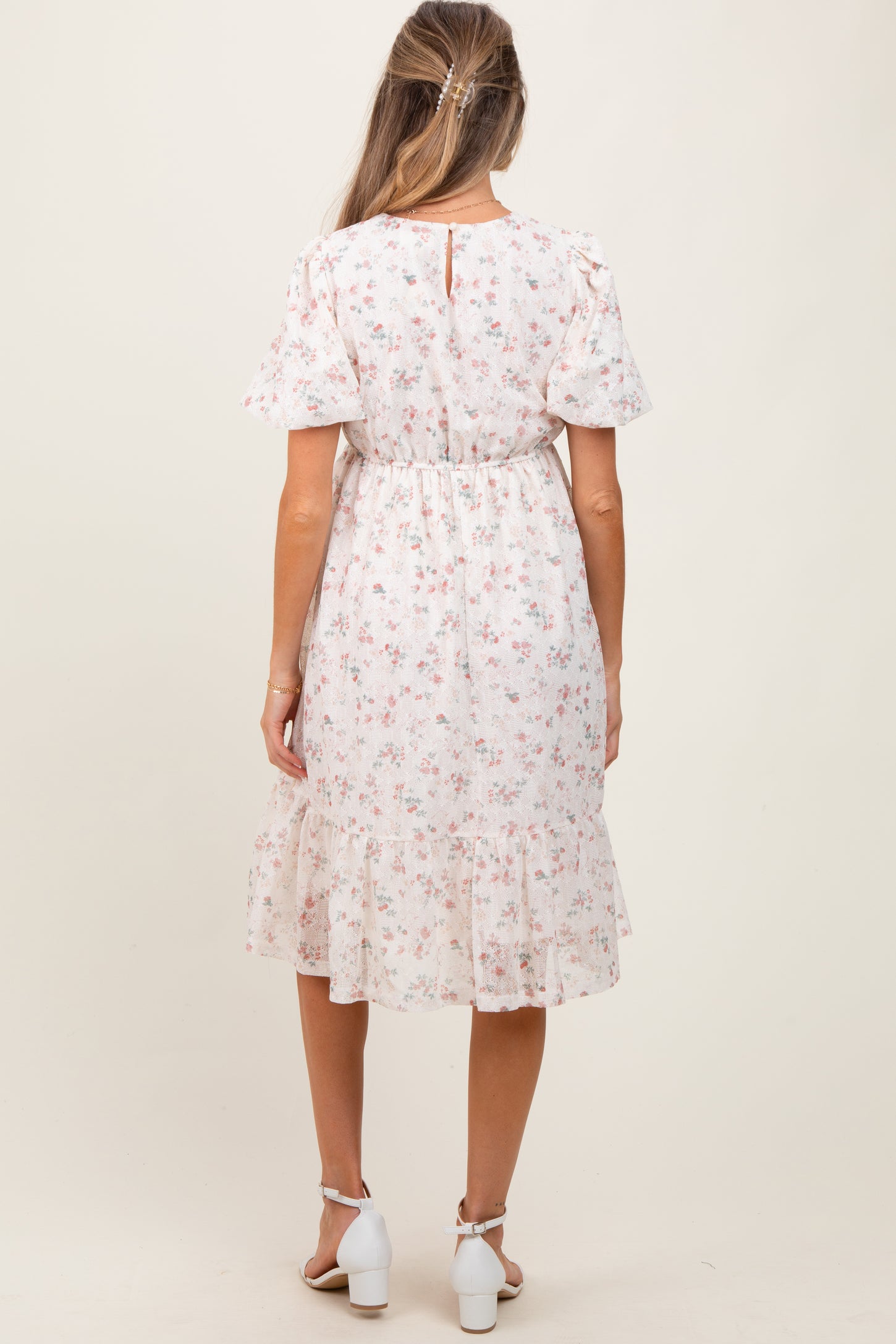 Ivory Floral Lace Ruffle Maternity Midi Dress