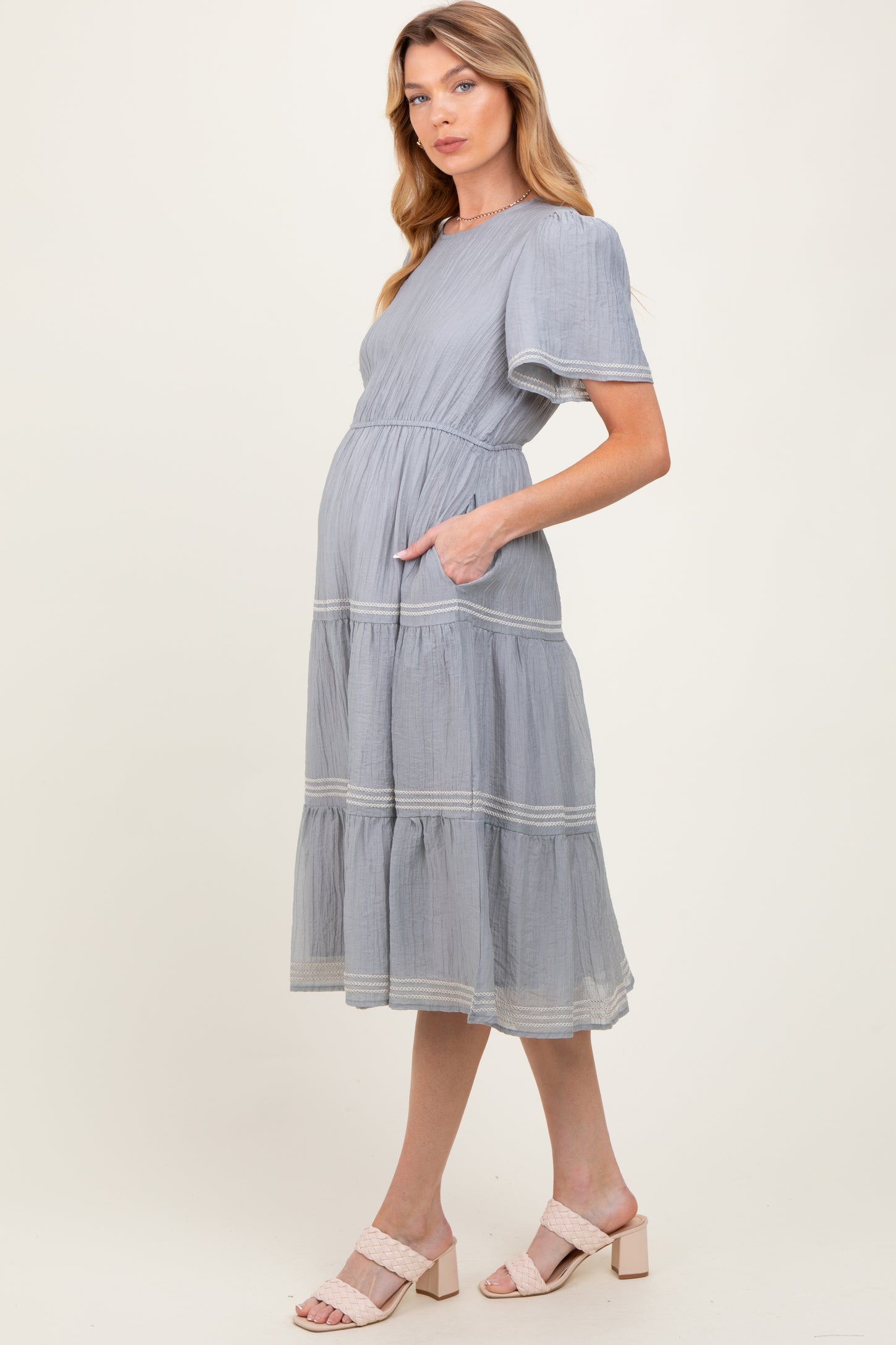 Light Blue Embroidered Tiered Maternity Midi Dress