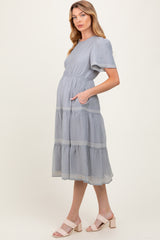 Light Blue Embroidered Tiered Maternity Midi Dress