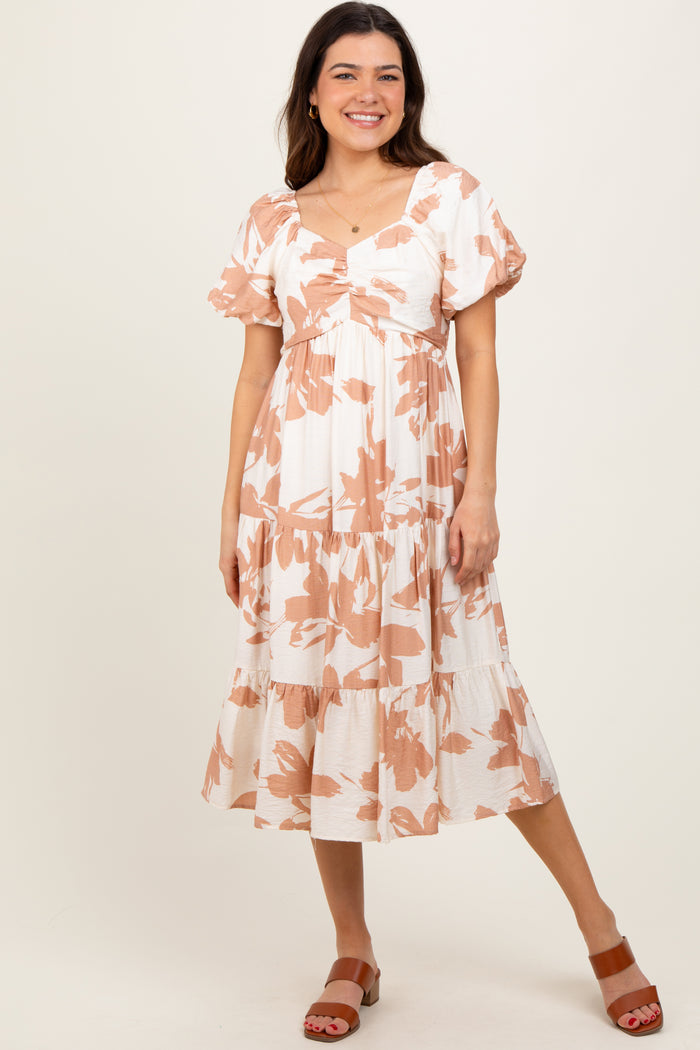 Ivory Floral Puff Sleeve Tiered Midi Dress