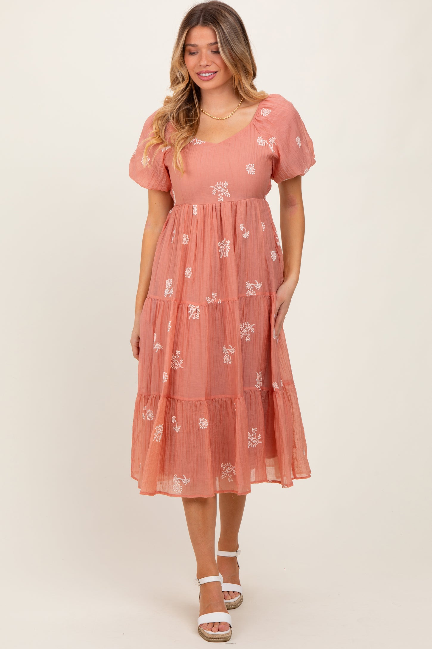 Light Pink Floral Embroidered Tiered Maternity Midi Dress