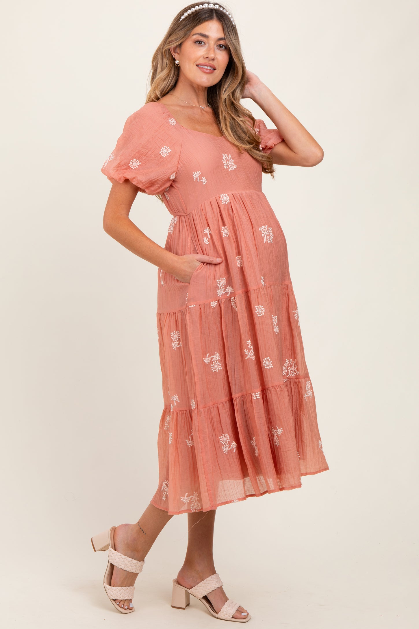 Light Pink Floral Embroidered Tiered Maternity Midi Dress