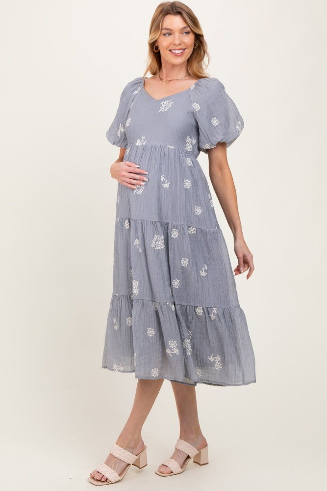 Light Blue Floral Embroidered Tiered Maternity Midi Dress