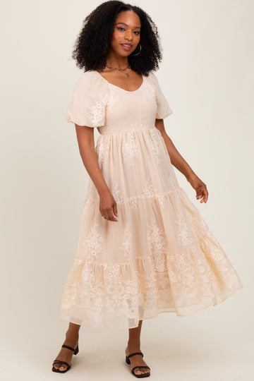 Beige Floral Embroidered Chiffon Midi Dress