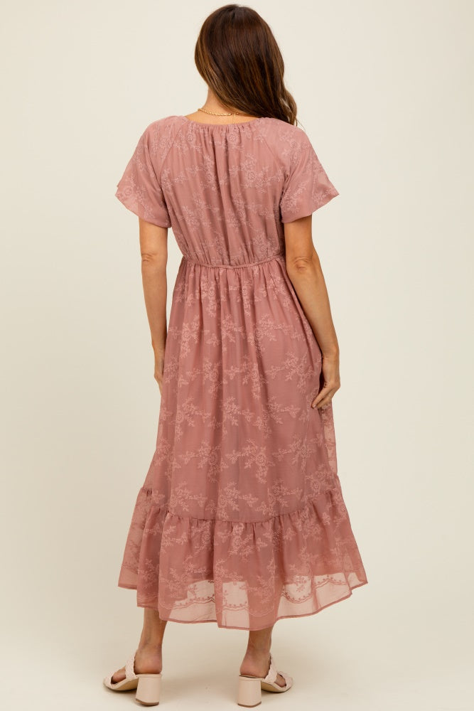 Mauve Embroidered Square Neck Midi Dress