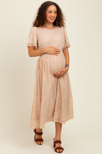 Beige Floral Embroidered Maternity Midi Dress