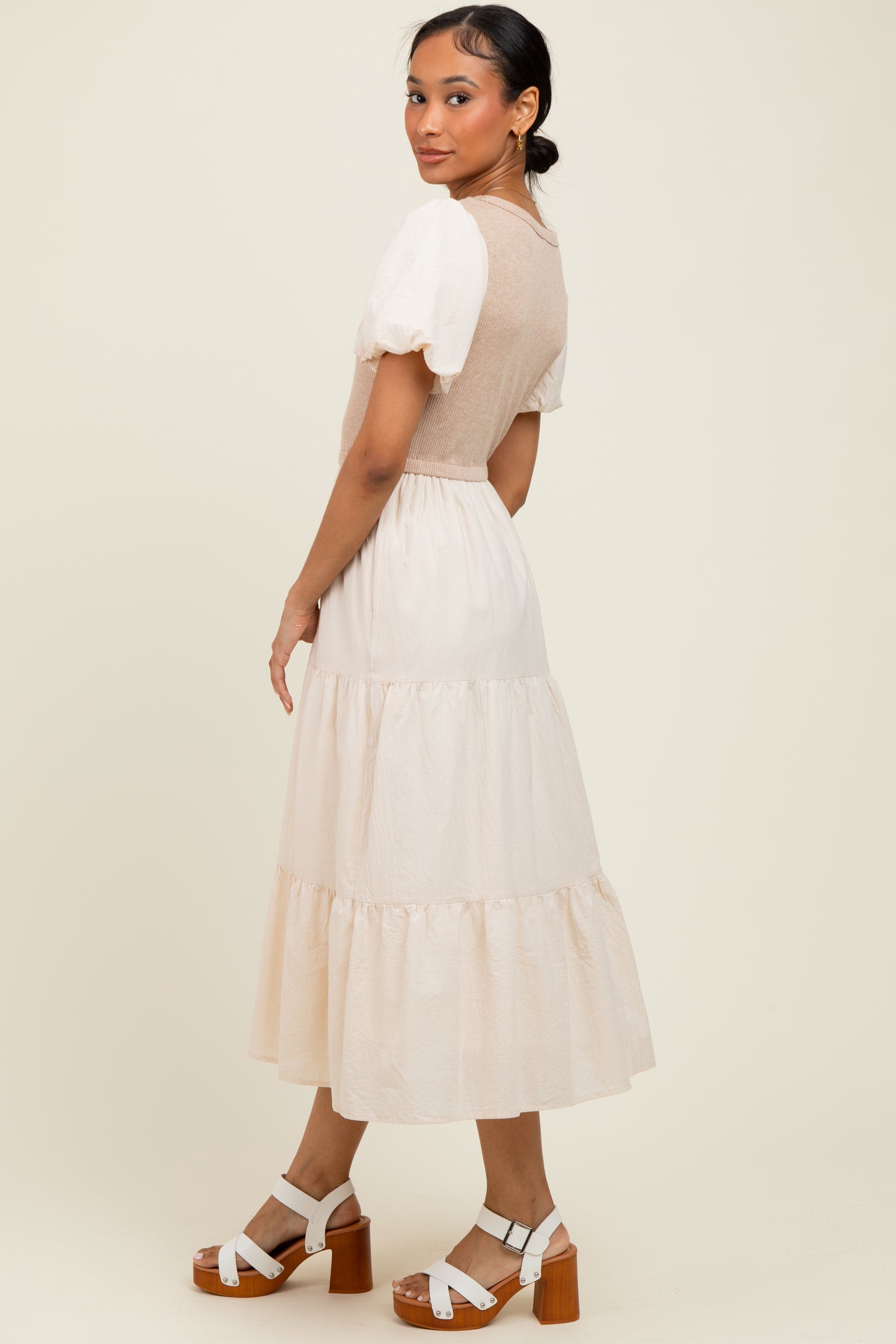 Cream Knit Mixed Tiered Midi Dress