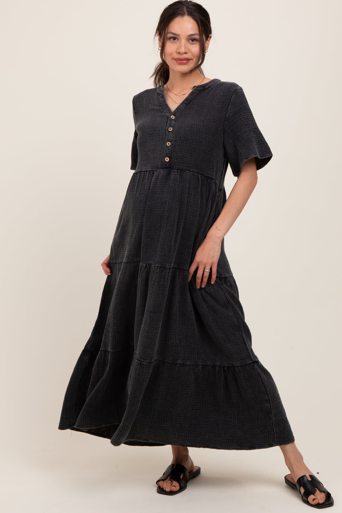 Black Button Front Tiered Maternity Maxi Dress