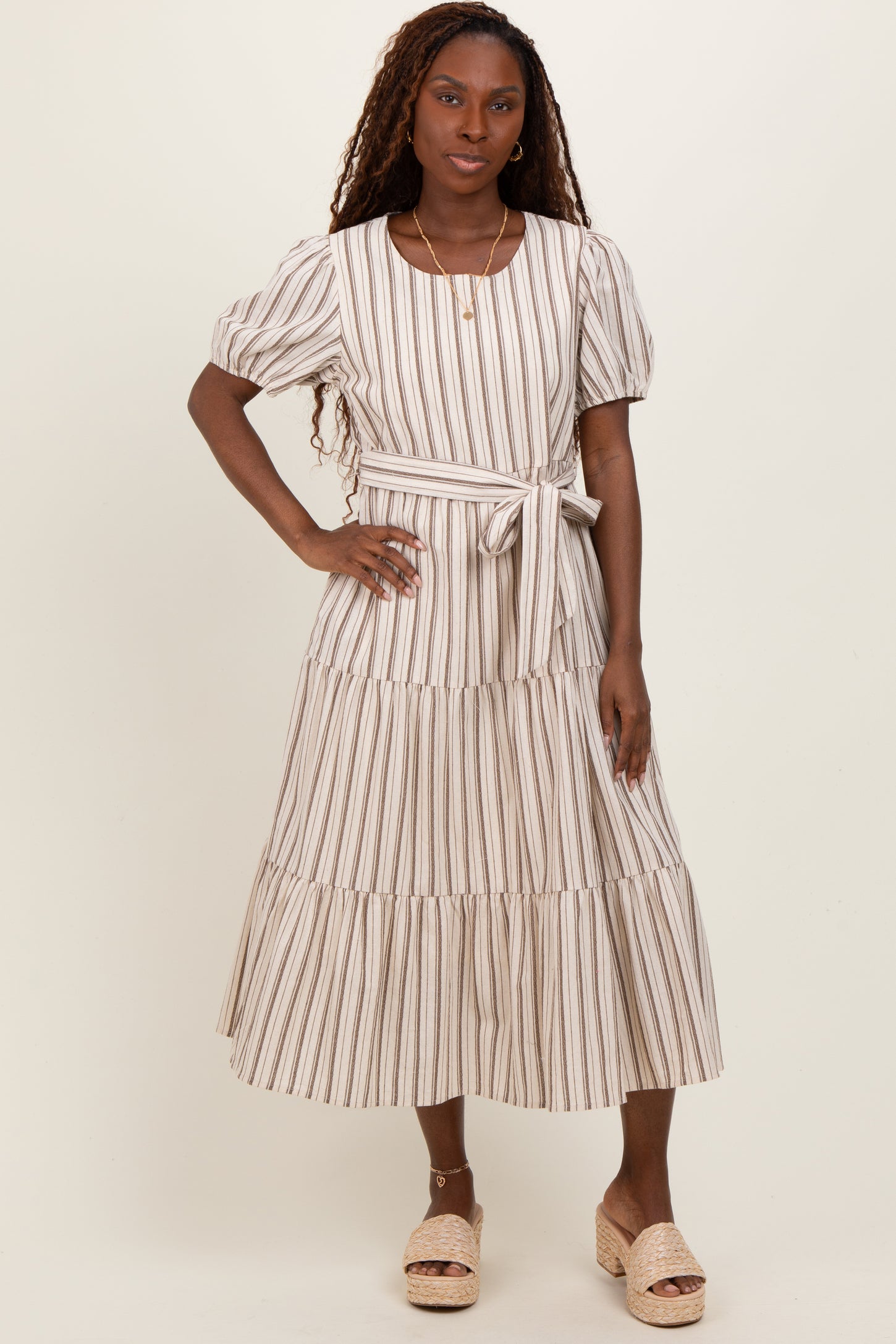 Ivory Stripe Tiered Tied Waist Midi Dress
