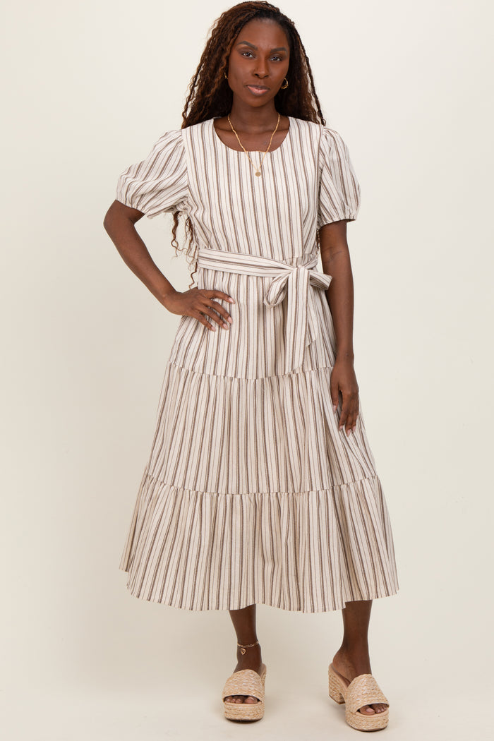 Ivory Stripe Tiered Tied Waist Maternity Midi Dress
