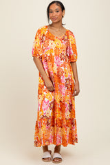 Orange Floral Tiered Puff Sleeve Midi Dress