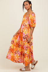 Orange Floral Tiered Puff Sleeve Midi Dress