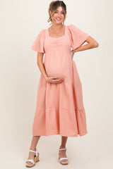 Peach Sweetheart Neck Short Puff Sleeve Tiered Maternity Midi Dress