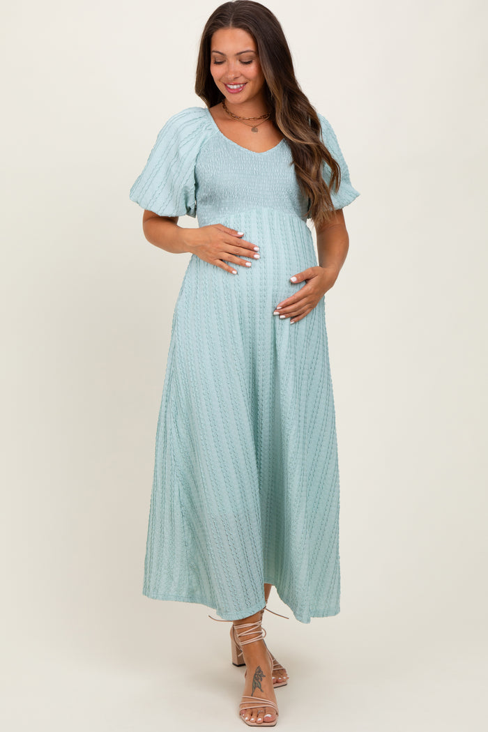 Mint Green Smocked V-Neck Short Puff Sleeve Textured Maternity Midi Dress